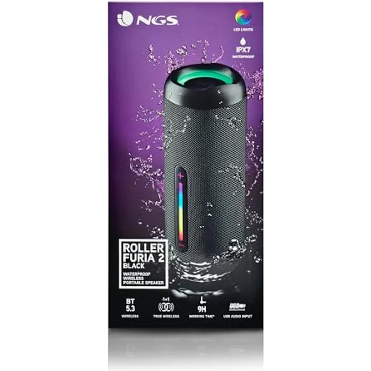 NGS Roller Furia 2 Black - Kabelloser Lautsprecher mit Bluetooth-Kompatibilität, IPX7-Wasserdichtigkeit, 30 W, True Wireless, USB, Batterielaufzeit 9 Stunden, Schwarz – Bild 5