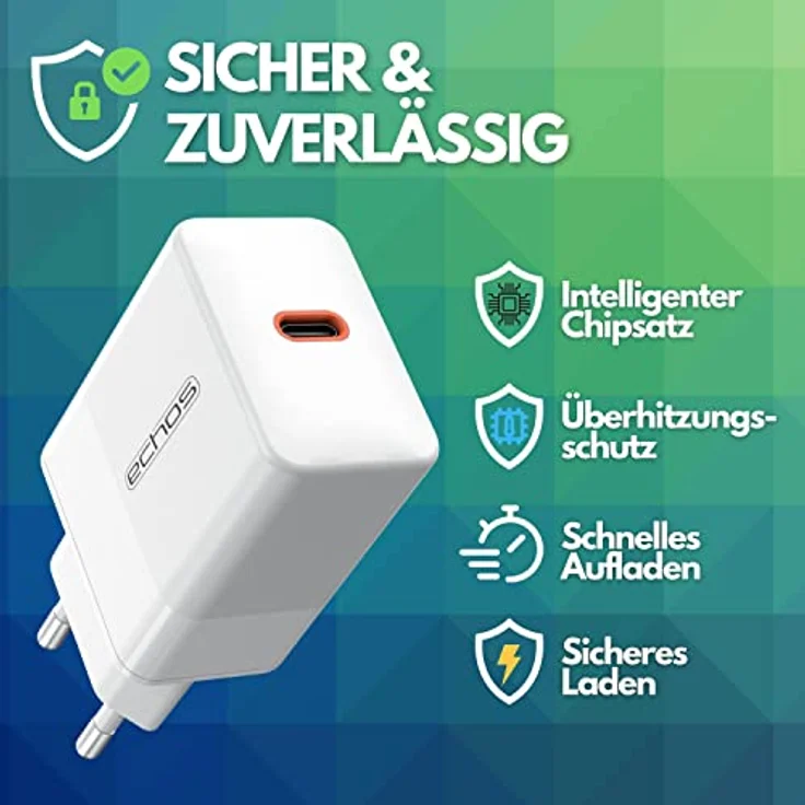 Echos 20W Ladegerät USB C Schnellladegerät Power Netzteil PD PPS Ladegerät Schnelllader Handy für iPhone Samsung Galaxy Ipad Huawei Xiaomi HTC Sony LG und viele mehr (Weiß USB-C) – Bild 2