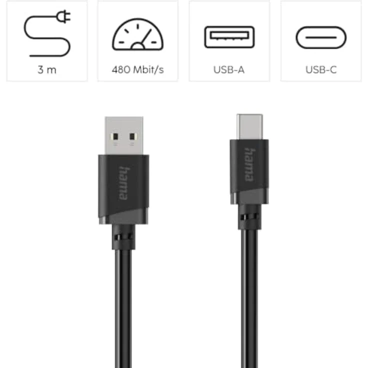 Hama USB A auf USB C Kabel, 3 m, 0,48 Gbit/s, Schwarz – Bild 2