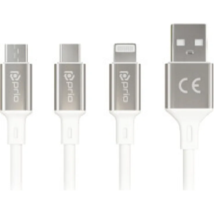 Prio 3 in 1 Micro USB, USB C & Lightning zu USB A Kabel, 3A, 1,2m, weiß, für schnelles Laden und gleichzeitiges Aufladen von zwei Geräten