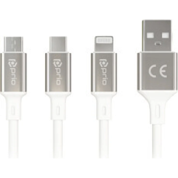 Prio 3 in 1 Micro USB, USB C & Lightning zu USB A Kabel, 3A, 1,2m, weiß, für schnelles Laden und gleichzeitiges Aufladen von zwei Geräten