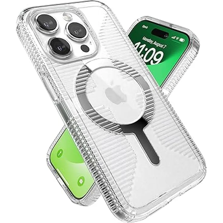 Speck GemShell Grip Clear, transparente Schutzhülle für iPhone 15 Pro, MagSafe-kompatibel, kratzfest, vergilbungsfrei, 6,1 Zoll, Fallschutzgriff