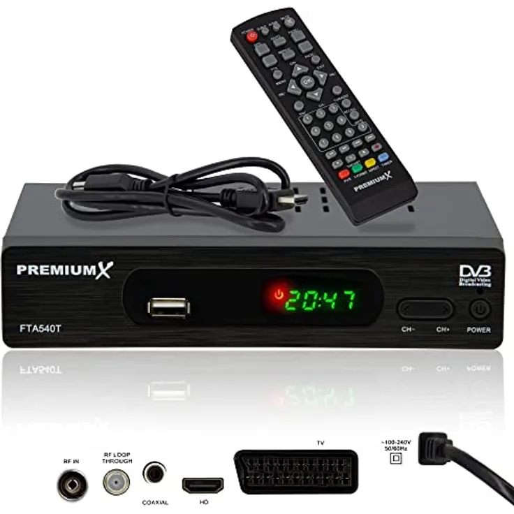 PremiumX FTA 540T, FullHD DVB-T2 TV Receiver mit H.265 HEVC, USB 2.0 Mediaplayer, HDMI, SCART, Auto Installation, 4000 Programmspeicherplätze