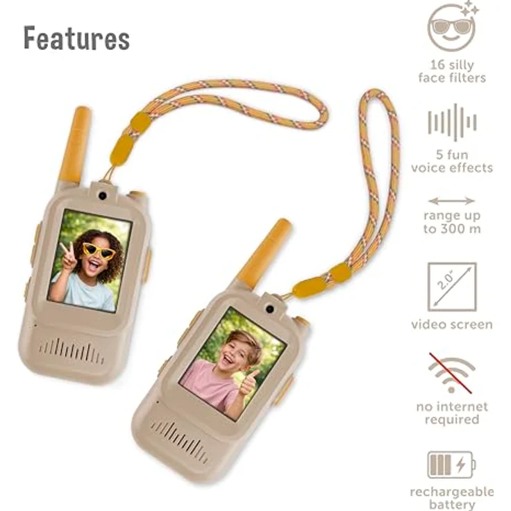 Zazu Walkie Talkie Video Spielzeug für Kinder, taupe, 2,0-Zoll-Videobildschirm, 300m Reichweite, USB-aufladbar – Bild 6