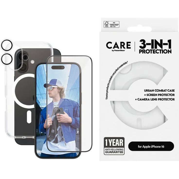 CARE by PanzerGlass Handyhülle Flagship 3-in-1 für Apple iPhone 16, transparente Schutzhülle mit Displayschutz und Kamera-Linsenschutz, stoßfest, MagSafe-kompatibel