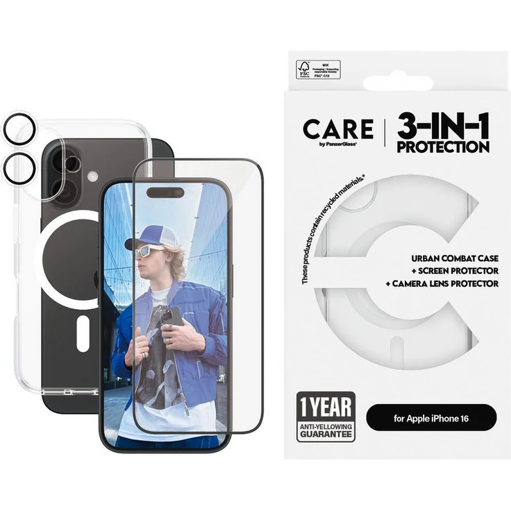 CARE by PanzerGlass Handyhülle Flagship 3-in-1 für Apple iPhone 16, transparente Schutzhülle mit Displayschutz und Kamera-Linsenschutz, stoßfest, MagSafe-kompatibel