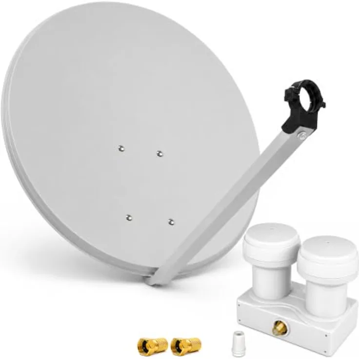 PremiumX Satelliten-Komplettanlage PXS80, 80 cm Satellitenschüssel mit Monoblock LNB für Astra und Hotbird, hellgrau, inklusive 2x F-Stecker und Montagezubehör