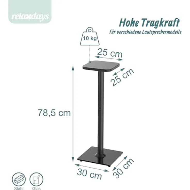 Relaxdays Lautsprecherständer 2er Set, bis 10 kg Traglast, HBT: 78,5x30x30 cm, rutschfest, Metall & Glas, schwarz – Bild 4