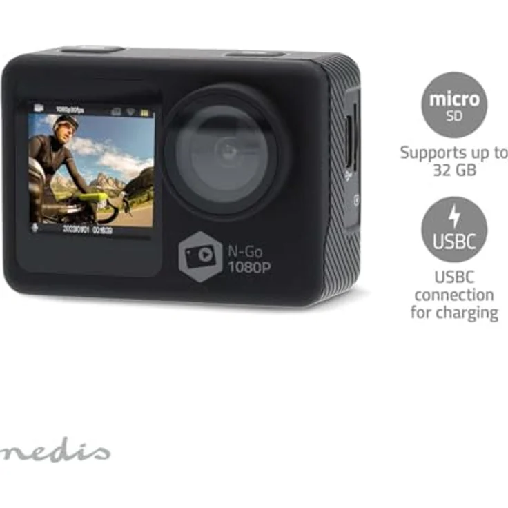 Nedis Action Cam Dual-Screen - 1080p@30fps - 12 MPixel - Wasserdicht bis 30.0m - 70 min - Wi-Fi - Schwarz – Bild 4
