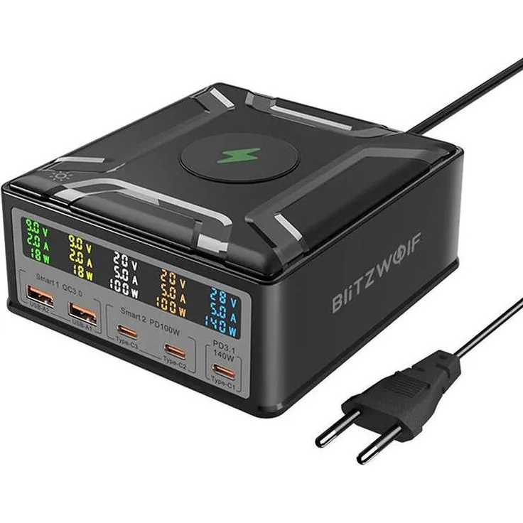 BlitzWolf BW-S28, USB Ladegerät mit 260 W, 5 Anschlüssen, Power Delivery und Quick Charge, Schwarz
