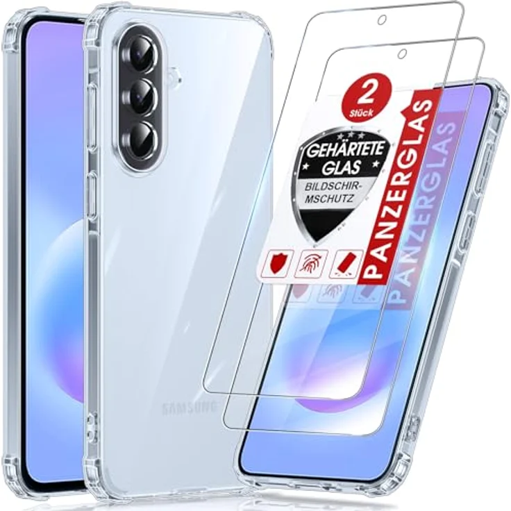 LeYi Samsung Galaxy A57-5G Hülle, transparente TPU Silikon Schutzhülle mit 2 Schutzfolien, stoßfest und kristallklar, umfassender Kameraschutz – Bild 1