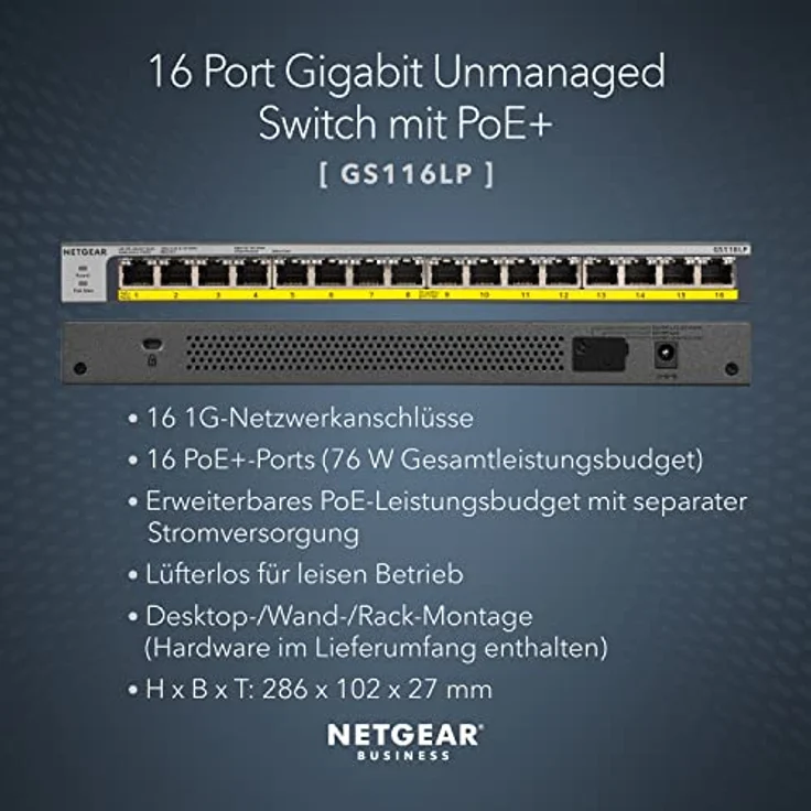 Netgear GS116LP 16-Port Gigabit Ethernet LAN PoE Switch Unmanaged (mit 16x PoE+ 76W erweiterbar, Desktop- oder Rack-Montage mit ProSAFE Lifetime-) – Bild 2