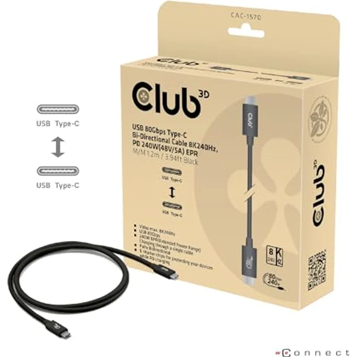 Club 3D Club3D USB C Kabel, 240W, 4K 540Hz, 80Gbps, 1,2m, USB 4.0, zertifiziert, Power Delivery – Bild 3