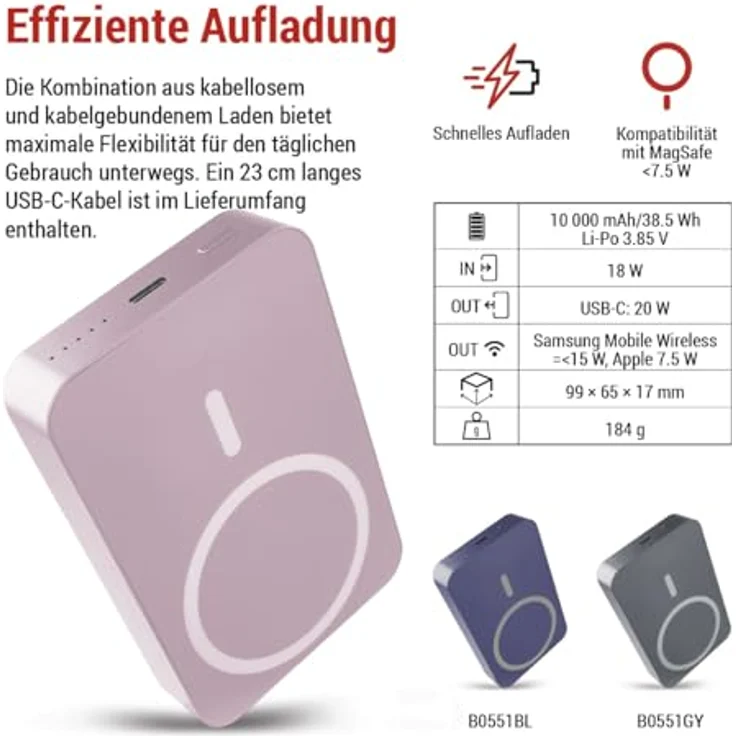 EMOS Powerbank 10 000 mAh WI 1046 mit Magnet - Passthrough, Wireless-Charging - USB-C-Ausgang, rosa – Bild 2