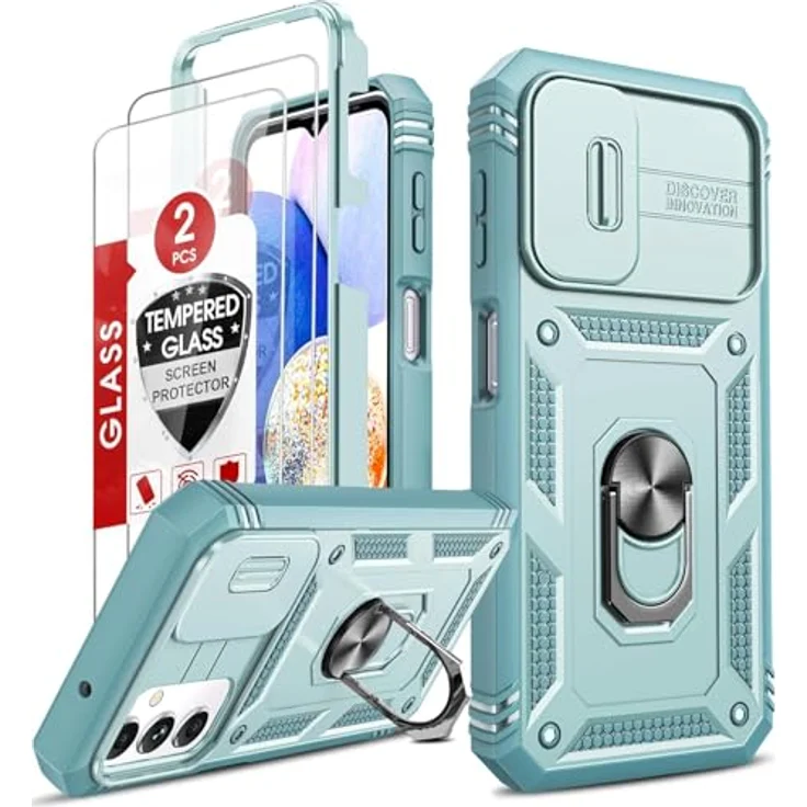 LeYi Hülle für Samsung Galaxy A14 5G/A14 4G, Robust mit Schiebe Kamera Klappe & 2 Hartglas Folien, Metallständer, Grün – Bild 1