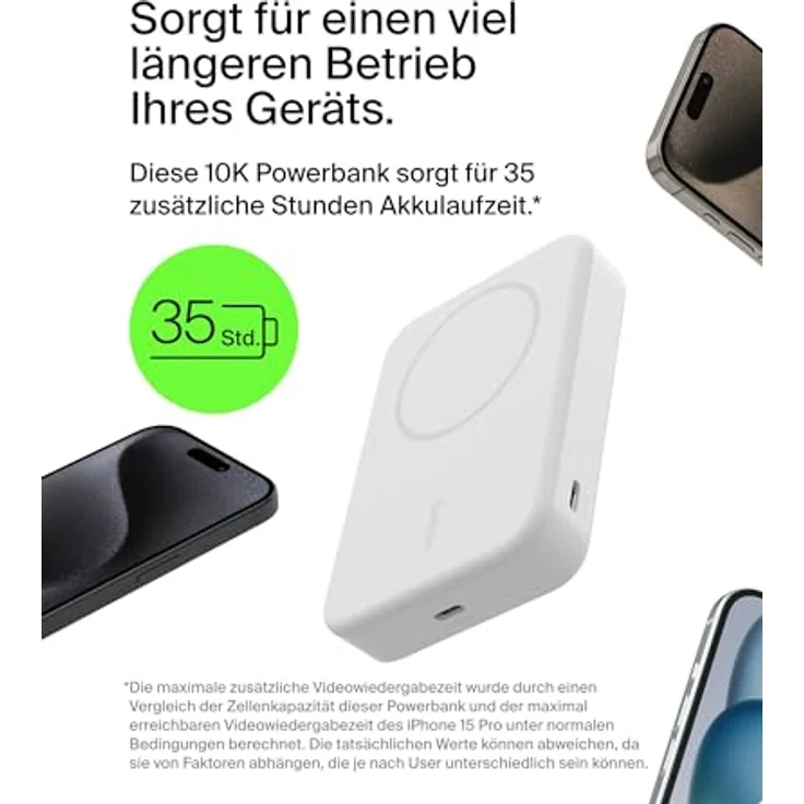 Belkin BoostCharge Pro kabellose Powerbank 10.000 mAh mit Qi2, MagSafe-kompatibles tragbares Ladegerät – für iPhone 15, 15 Plus, 15 Pro, 15 Pro Max, iPhone 14 usw. – Weiß – Bild 3