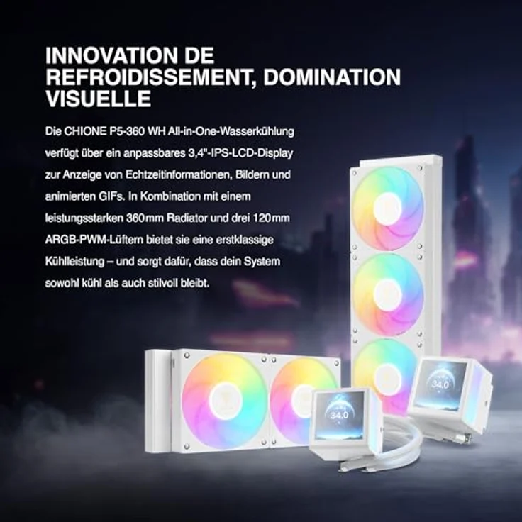 GAMDIAS CHIONE P5, 360-mm-AIO-CPU-Wasserkühler mit drehbarem 3,4-Zoll-IPS-LCD-Display, ARGB-PWM-Lüfter und verstecktem Kabeldesign, Weiß – Bild 2
