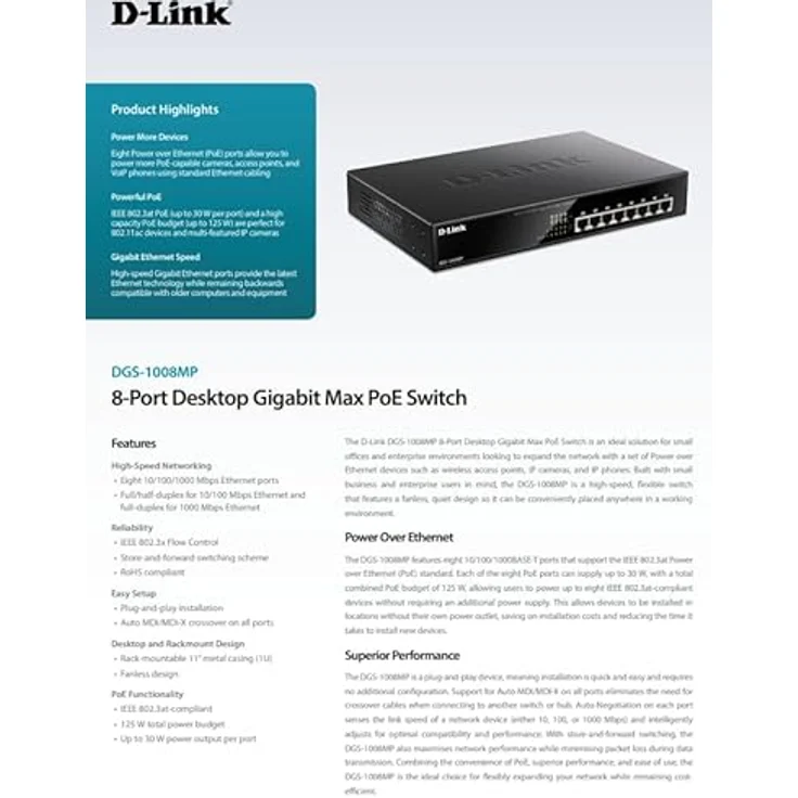 D-Link DGS-1008MP 8-Port Desktop Gigabit Switch (8 x 10-100-1000 BASE-T Ports, unterstützt PoE+) – Bild 6