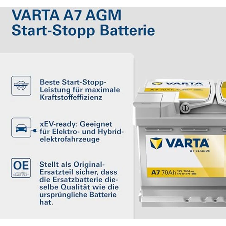 VARTA A7 Silver Dynamic AGM 12V 70Ah 760A Autobatterie für Start-Stop Systeme, auslaufsicher und rüttelfest, inklusive 7,50 Pfand – Bild 2