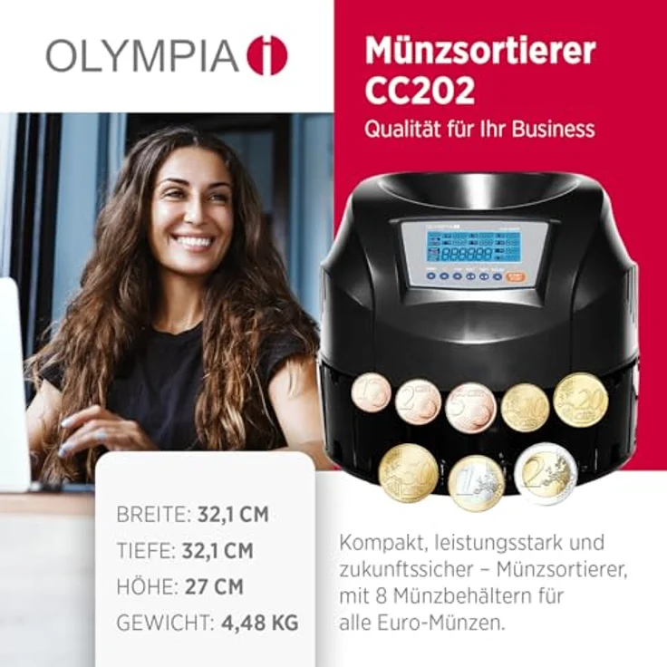 Olympia CC202, Münzzähler und Münzsortiergerät mit Zählgeschwindigkeit von 200 Münzen/Min, für Euro-Münzen, RS232-Anschluss – Bild 2