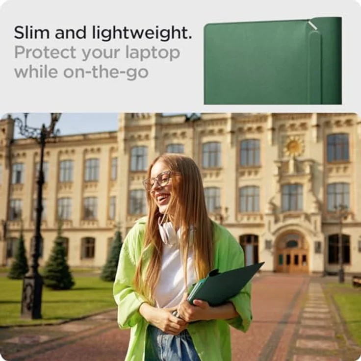 Spigen Valentinus Sleeve Laptop 13-14, robuste Notebooktasche mit eingebauter Magnetklappe und Aussparungen für Anschlüsse, Jeju Green – Bild 2