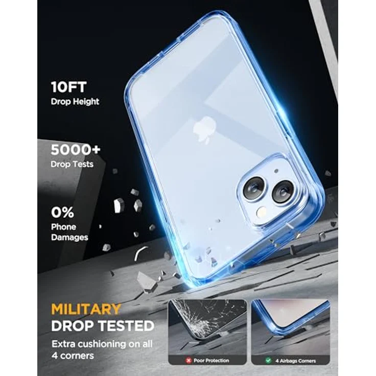 Miracase 360 Grad Hülle für iPhone 15 mit 9H Glas Displayschutz und Kameraschutz, stoßfest, klar blau – Bild 4