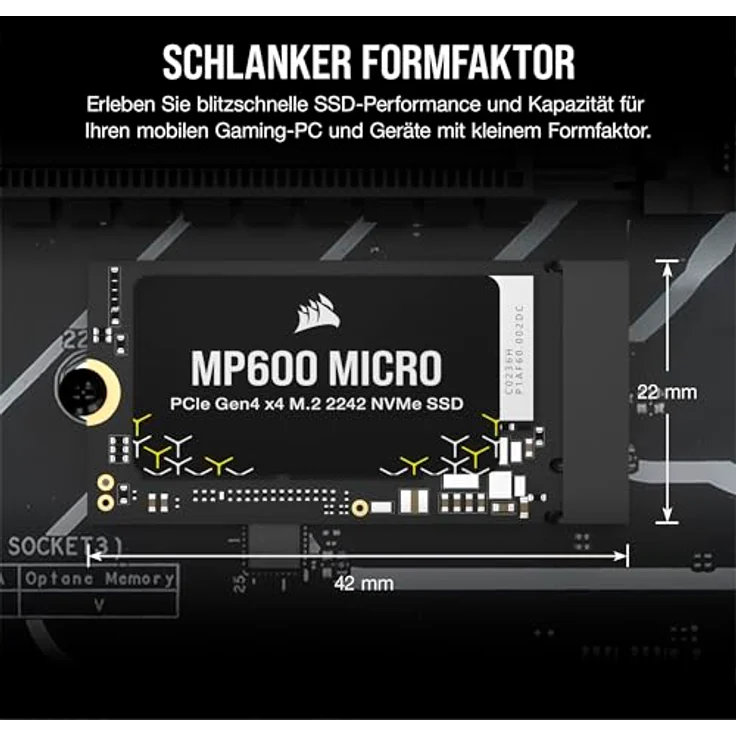 Corsair MP600 Micro 1TB M.2 NVMe PCIe x4 Gen4 SSD, Bis zu 7.000MB/Sek. Sequentielles Lesen, M.2 2242, hohe Dichte 3D TLC NAND, kompatibel mit Lenovo Legion Go und dünnen Notebooks, Schwarz – Bild 2