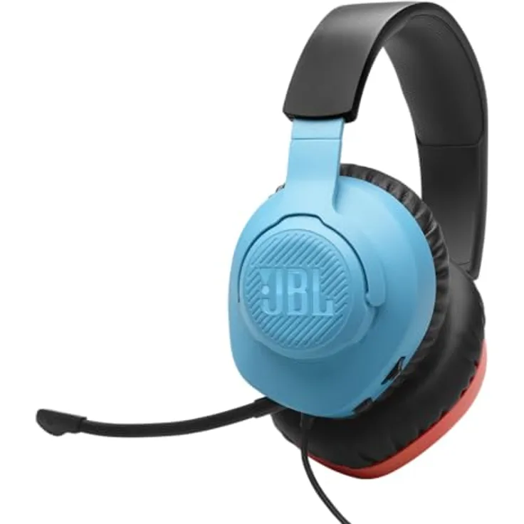 JBL Quantum 100N, kabelgebundenes Over-Ear-Gaming-Headset mit abnehmbarem Mikrofon, JBL QuantumSOUND Signature und Memory Foam, Multi-Plattform-Kompatibilität und Windows Sonic Spatial Sound, Blau/Rot
