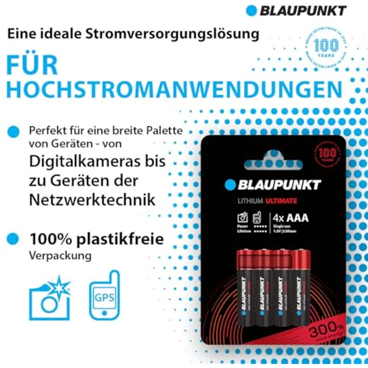 Blaupunkt AAA Lithiumbatterien Packung mit 4, für Digitalkameras und IoT-Geräte, hält 3x länger, FR03BUL/4CP – Bild 2