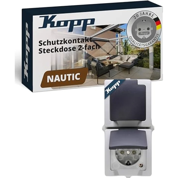 Kopp NAUTIC 2-fach Schutzkontakt-Steckdose mit Klappdeckel, grau - IP44 Feuchtraumsteckdose mit erhöhtem Berührungsschutz, 16A / 250V~, senkrechte Installation – Bild 1