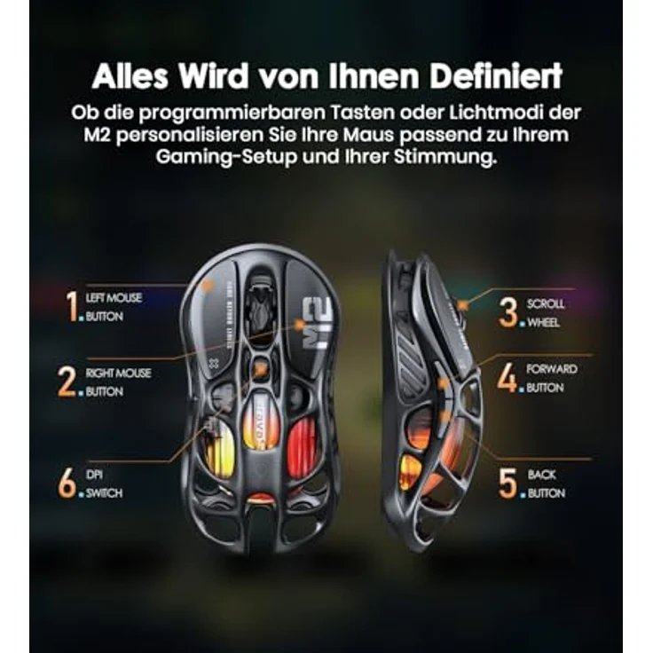 GravaStar Mercury M2 Kabellose Gaming-Maus mit optischem Sensor, 26.000 DPI, 79g leicht, Schwarz – Bild 5