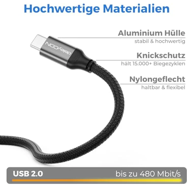 deleyCON 2m USB C Druckerkabel, geflochtenes USB-C auf USB-B Kabel mit Metallsteckern, hohe Haltbarkeit, ideal für Drucker und Scanner, kompatibel mit iPhone, MacBook, HP, Samsung, Canon, Brother – Bild 4