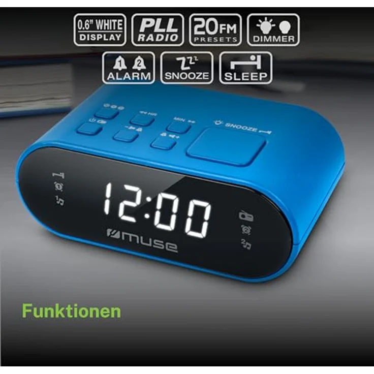 Muse M-10 BL Radiowecker mit LED-Display, zwei Weckzeiten, dimmbar, digitaler UKW-Tuner, 20 Senderspeicher, blau – Bild 6