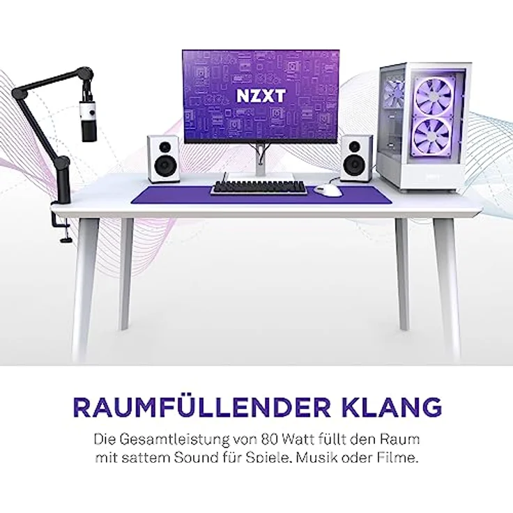 NZXT Relay PC-Gaming-Desktop-Lautsprecher – Full-Range-Sound – 80 Watt – Seidenkalotten-Hochtöner – Glasfaser-Tieftöner – Weiß – Bild 3