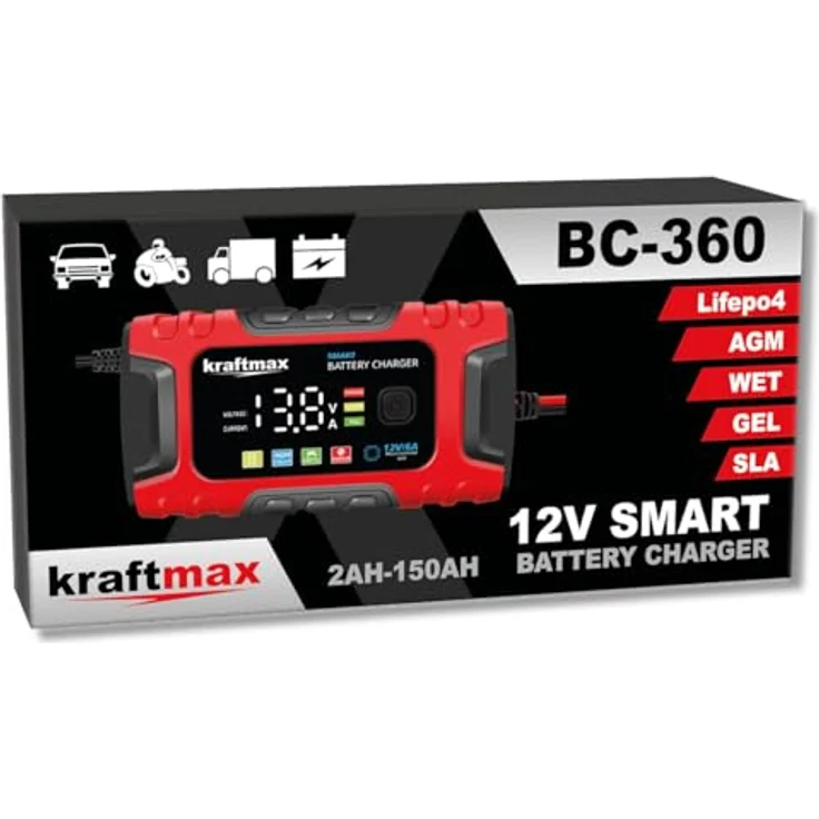 Kraftmax BC-360, 12V Batterieladegerät mit 6A Ladestrom für AGM, GEL, SLA, Nass-, Deep-Cycle- und LIFEPO4-Batterien – Bild 1