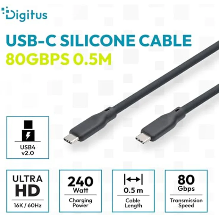 DIGITUS USB-C Kabel – USB4 Version 2.0 – 0.5 m – Typ-C zu Typ-C – Flexible Silikonummantelung mit Knickschutz – 16K Videoauflösung – 80 Gbit/s – PD 3.1 240W – Soft-Touch – Schwarz – Bild 2