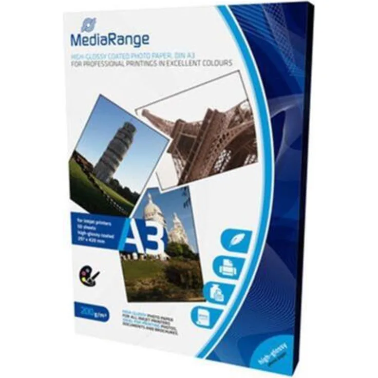 MediaRange DIN A3 Fotopapier für Tintenstrahldrucker, hochglänzend, 200g, 50 Blatt