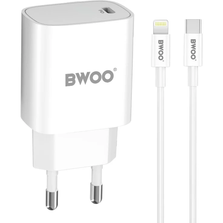 Bwoo BWOO CDA159 PD Wandladegerät 20W mit 1x USB-C-Anschluss und Lightning-Kabel, weiß