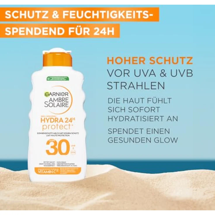 Garnier Ambre Solaire Hydra Protect+ Sonnenschutz-Milch 24h LSF 30, UVA/UVB-Schutz mit Vitamin C, 175 ml – Bild 2