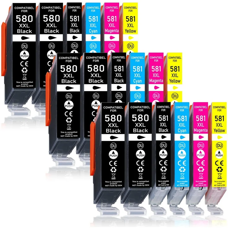 Druckerparadies 18er Pack Druckerpatronen 580 581 XXL für Canon TR8550, Schwarz, Cyan, Magenta, Gelb, hohe Reichweite bis 830 Seiten