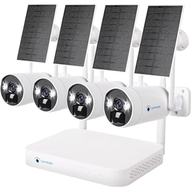 LUVISION WLAN Solar-Überwachungskamera mit 4MP Akku und 10 Kanal Dual NVR, Überwachungssystem mit Farbiger Nachtsicht, wetterfeste Ausführung, mit 4 Kameras
