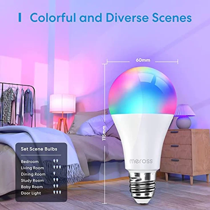 Meross Smart MSL 120 LED Lampe, WLAN dimmbare Glühbirne intelligente Mehrfarbige Birne Äquivalent 60W E27 2700K-6500K kompatibel mit Alexa, Google Home und SmartThings, Warmweiß – Bild 5