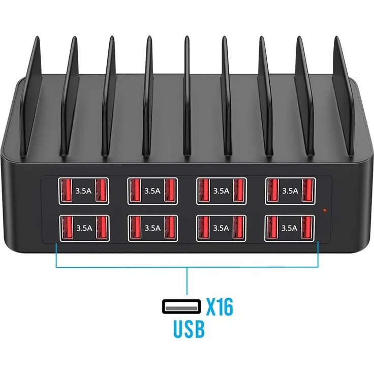 Avizar 150W Ladestation mit 16 USB-Ports für Smartphone & Tablet, Schwarz, intelligentes Laden und Sicherheitsabschaltung
