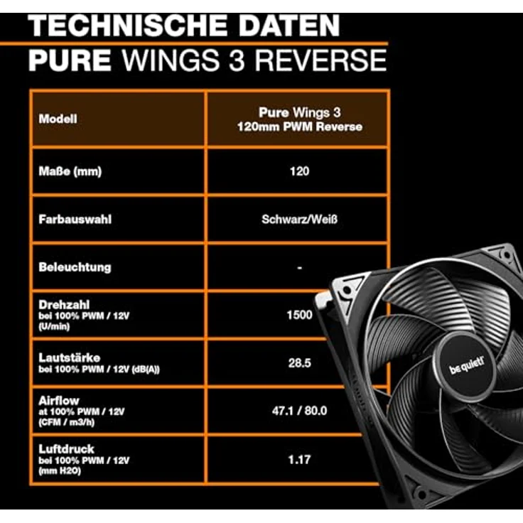 be quiet! Pure Wings 3 120mm PWM Reverse White Triple Pack, 3 Gehäuselüfter mit invertierten Lüfterblättern, optimierter Rahmen, hohe Kühlleistung, geringe Geräuschentwicklung – Bild 7