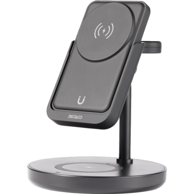 Deltaco 3-in-1 Magnetischer Wireless Charger (18 W), Schwarz, Apple-optimiert, 5.000 mAh Powerbank, kompakt und effizient