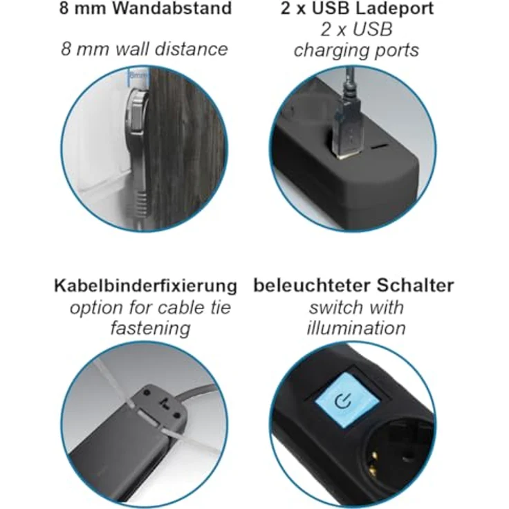 Maxtrack Steckdosenleiste, 5-fach mit 3 m Kabel, flacher Stecker und 2xUSB Ladebuchsen, mit Kabelbinderfixierung – Bild 2