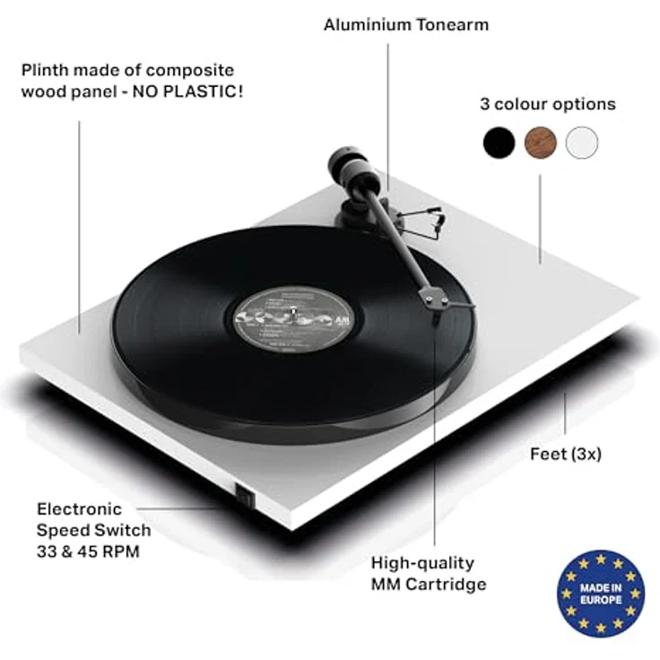 Pro-Ject Audio Systems Pro-Ject E1, Einsteiger Plattenspieler (AT3600L, Weiß) mit elektronischer Geschwindigkeitsumschaltung und voreingestellter Auflagekraft – Bild 2