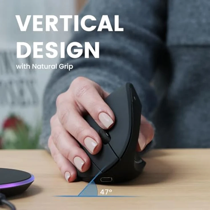 Perixx PERIMICE-713RX, Kabellose wiederaufladbare vertikale Maus mit Duo-Ladefunktion, 6 Tasten Design, ergonomisch für Rechtshänder, schwarz – Bild 2