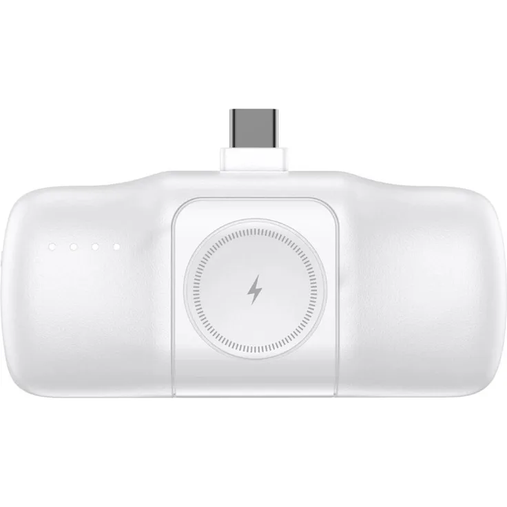WOZINSKY Mini-Powerbank WF16-YCS 5000 mAh 15 W mit integriertem USB-C-Kabel und Apple Watch Ladegerät Weiß