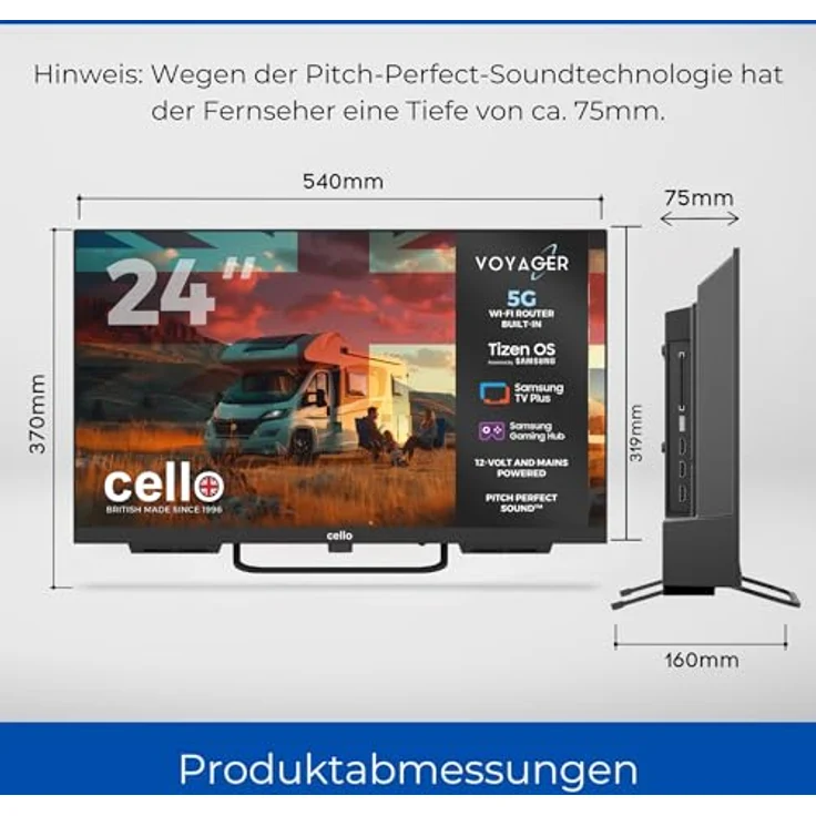 Cello Voyager C24TZR-VOY 24 Zoll Smart 12V Traveller TV, 5G WLAN Router & Hotspot, Tizen OS, Triple-Tuner für Wohnmobil & Camper – Bild 3